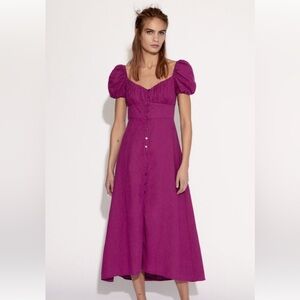 Zara - Plum Linen Puff Sleeve Midi Dress